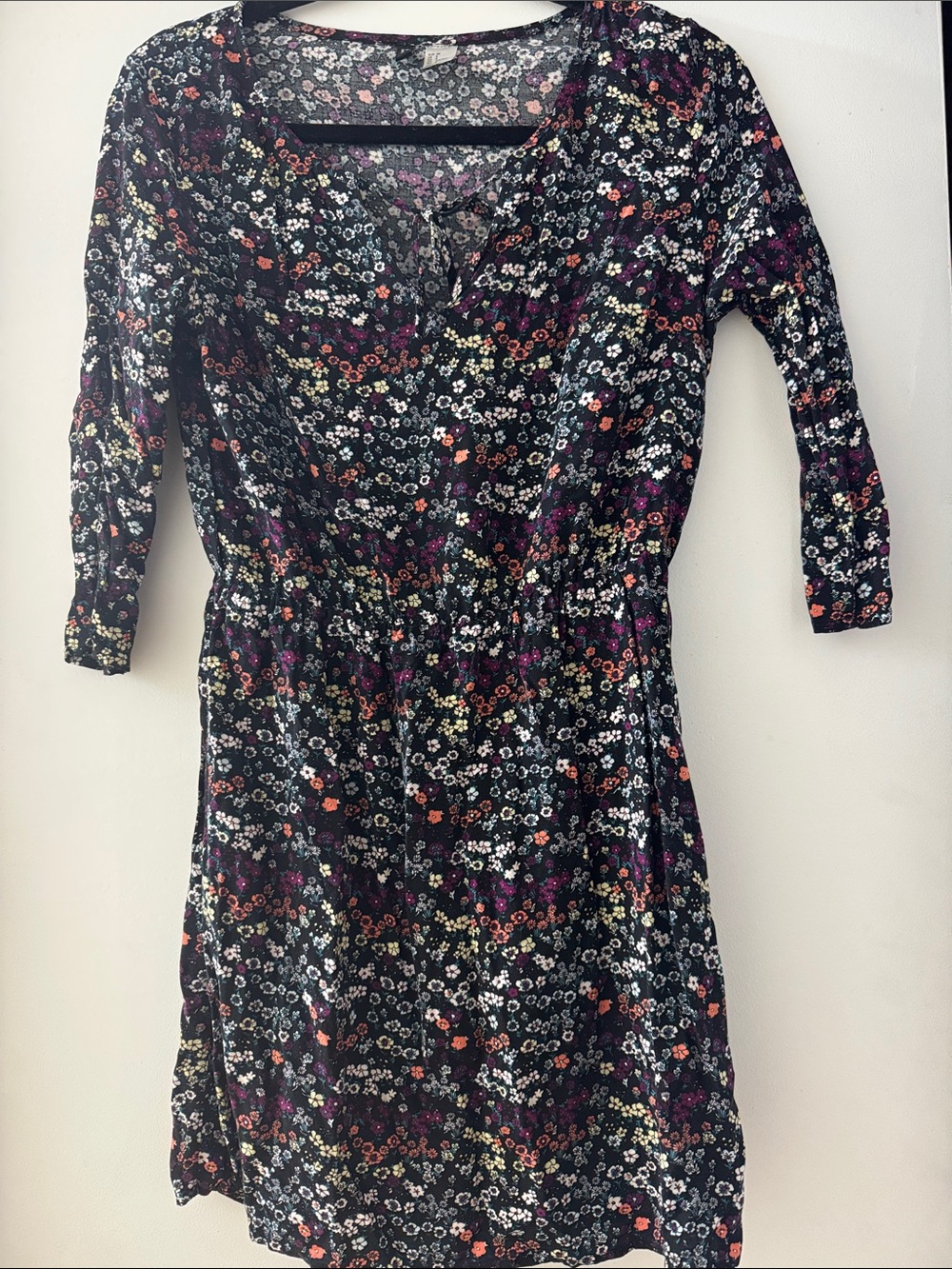 Divided Black Floral Long-Sleeve V-Neck Dress